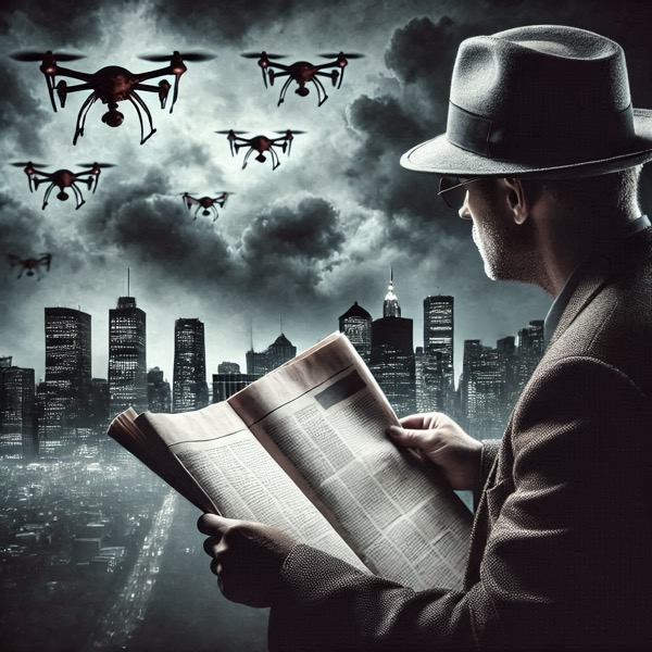 A man reading a newspaper on a porch with a sky full of drones and a cityscape background. AI generated