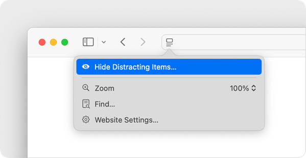Macos sequoia safari page menu distraction control hide distracting items.