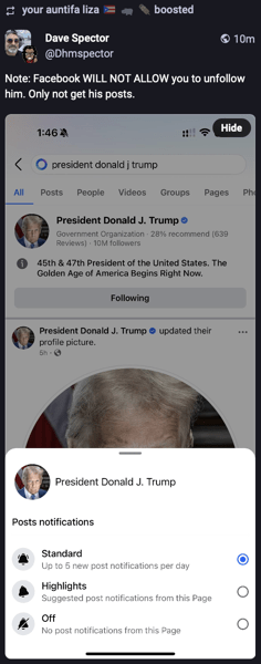 Screenshot of a social media post discussing Facebook's restrictions on unfollowing a page for President Donald J. Trump. The post includes a notification settings menu with options for receiving post notifications and details about the page, such as follower count and recommendations.