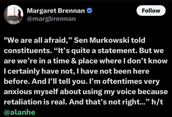 Lisa Murkowski's statment on being afraid of Trump