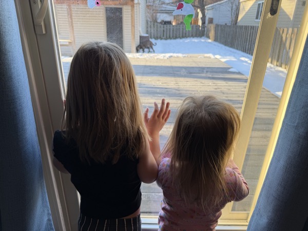 Two young children stand indoors at a sliding glass door, seen from behind, pressing their hands to the glass as they look out at a sunlit wooden deck and snow-covered backyard.