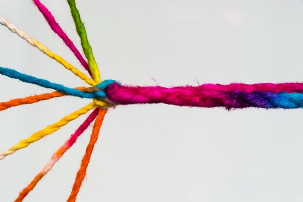 Different colored strands of yarn woven together into a strong strand. Shutterstock 504091696.