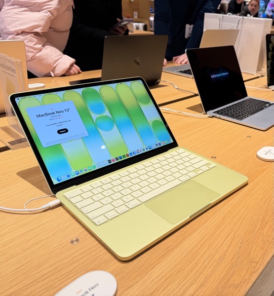 The Citrius MacBook Neo on display at the Apple Store