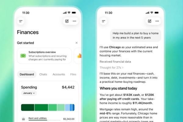This image shows two side-by-side screenshots of a mobile application interface designed for personal finance management, featuring a clean, minimalist aesthetic with a green and white color palette.