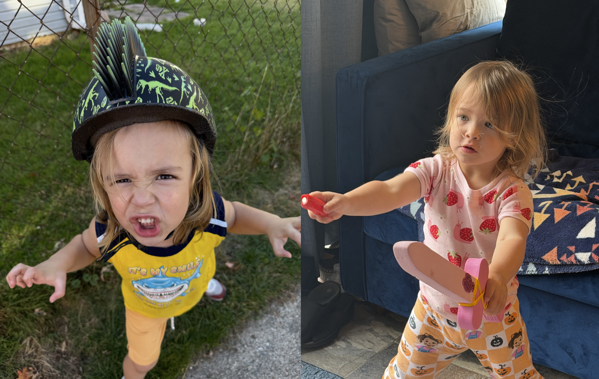 A side-by-side composite photo of two young children. On the left, a child outdoors wearing a yellow shark shirt and a black bicycle helmet with a green mohawk spikes and dinosaur graphics leans toward the camera with a fierce, roaring expression. On the right, a toddler indoors stands in a ready stance, holding a small red object in one hand and a pink toy sword in the other while wearing strawberry-patterned pajamas.
