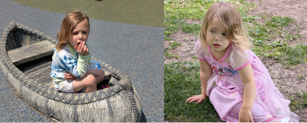 A side-by-side composite image features two separate photographs of two young children with light brown hair, appearing pensive or downcast in different outdoor settings.