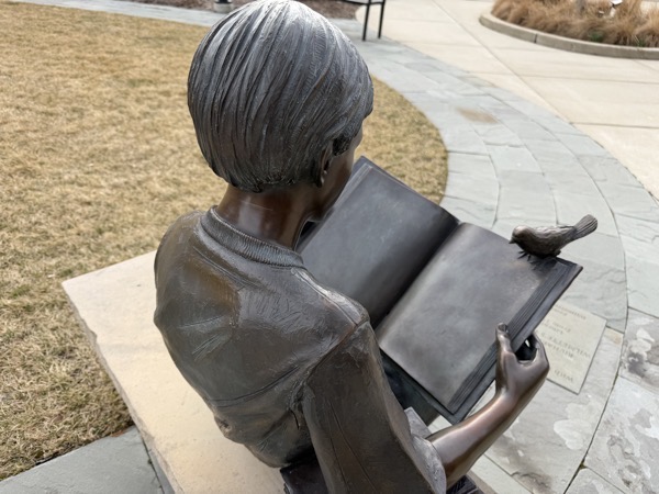 An over-the-shoulder view of a bronze statue depicting a young person with short hair sitting on a stone bench and reading a large open book. A small bronze bird is perched on the top right corner of the book's pages. The statue is situated outdoors in a paved park area with grass visible in the background.