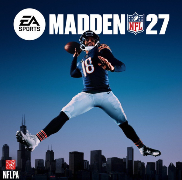 Promotional cover art for the video game "Madden 27" features an action shot of Chicago Bears Quarterback Caleb Williams mid-air preparing to toss a pass against a deep blue sky. 