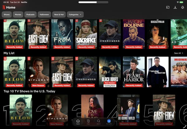 a screenshot of the Netflix home screen on an iPad. It displays rows of movie and TV show titles, including "Below," "East of Eden," and "The Diplomat," under categories like "My List" and "Top 10 TV Shows in the U.S. Today."