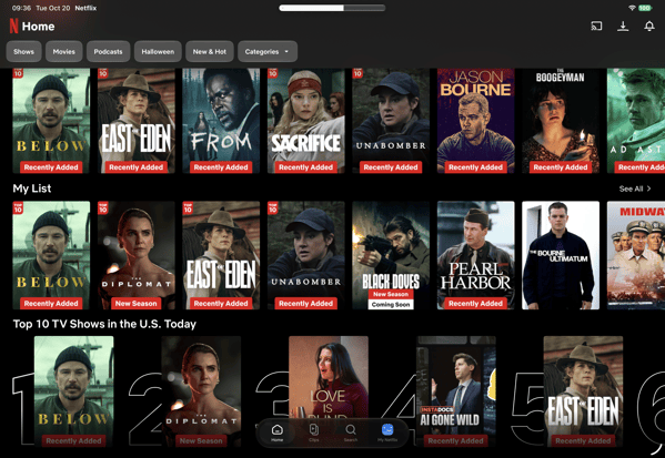 IMG_0075.PNG a screenshot of the Netflix home screen on an iPad. It displays rows of movie and TV show titles, including "Below," "East of Eden," and "The Diplomat," under categories like "My List" and "Top 10 TV Shows in the U.S. Today."