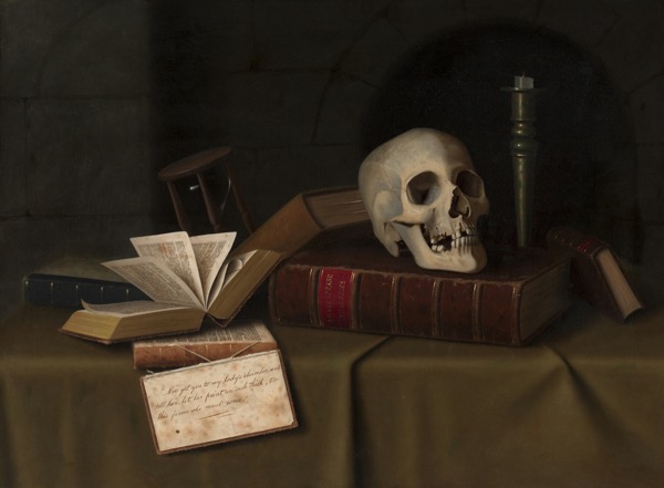 The cleveland museum of art IJ Zfr6ixOY unsplash. a still-life painting, likely a memento mori, showcasing a human skull resting on a large, closed, leather-bound book. To the left, there is an open book with visible text and an hourglass in the background. In the foreground, a piece of paper displays a handwritten quote. The scene is set against a dark, muted background, emphasizing the themes of mortality and the passage of time.